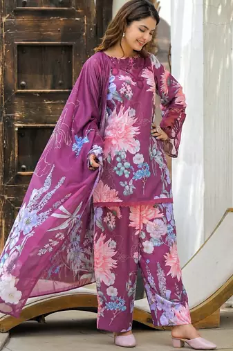 Purple rayon cotton printed readymade suits