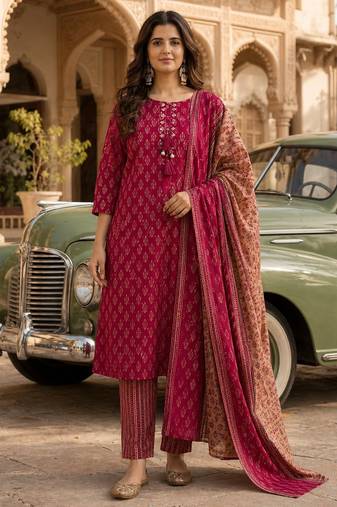 Magenta pink cotton printed readymade suits
