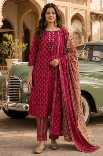 Magenta pink cotton printed readymade suits