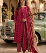 Magenta pink cotton printed readymade suits