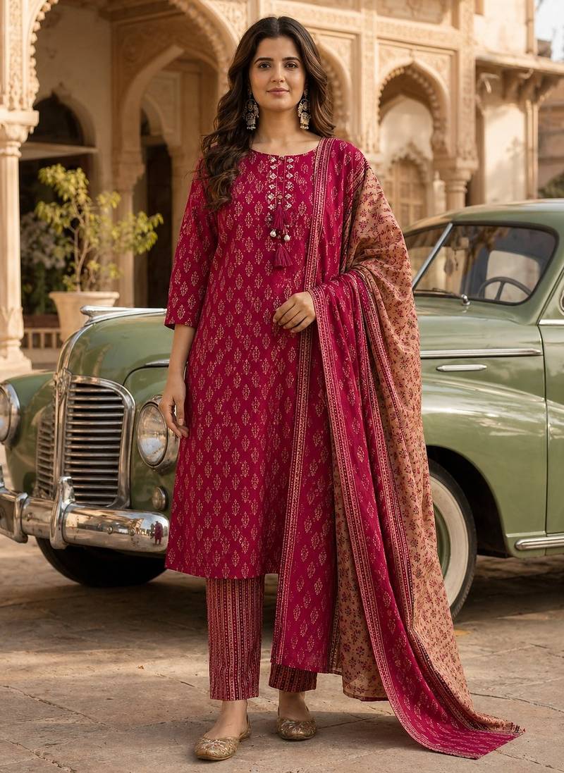 Magenta pink cotton printed readymade suits