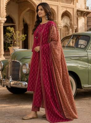Magenta pink cotton printed readymade suits 2
