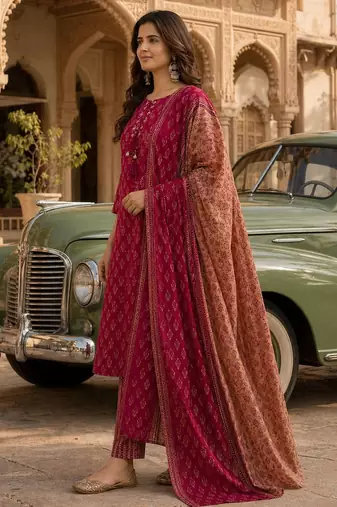 Magenta pink cotton printed readymade suits
