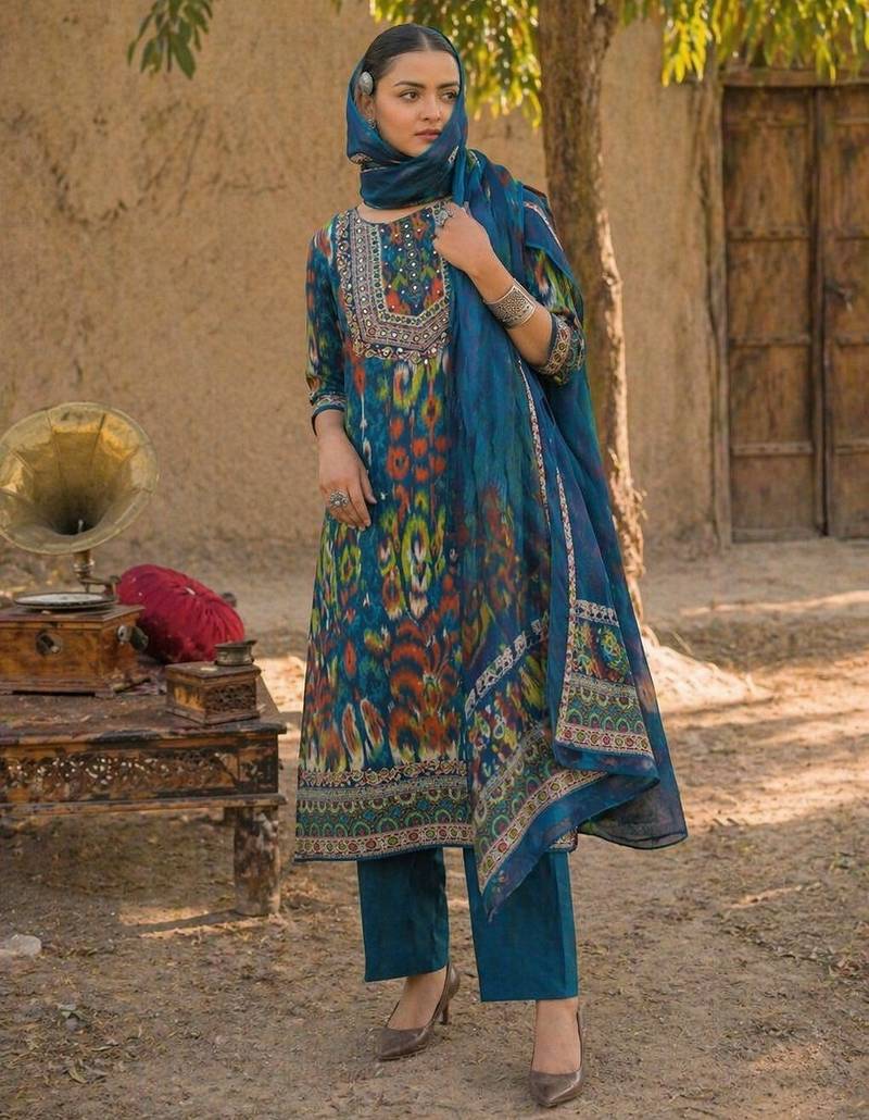 Blue cotton block print readymade suits