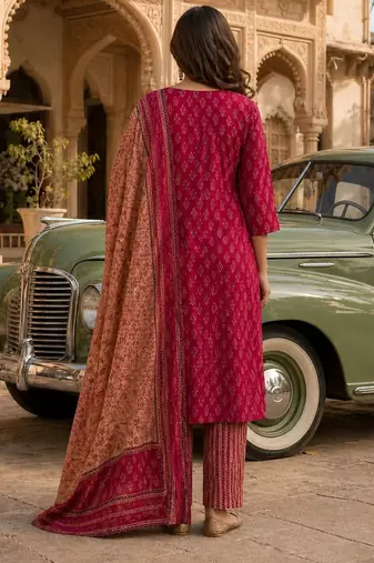 Magenta pink cotton printed readymade suits
