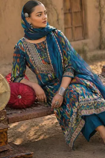 Blue cotton block print readymade suits