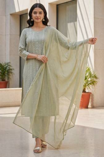 Pista green khadi cotton block print readymade suits