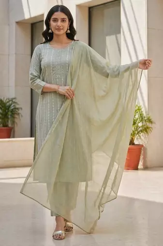 Pista green khadi cotton block print readymade suits