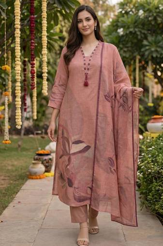 Peach cotton printed readymade suits