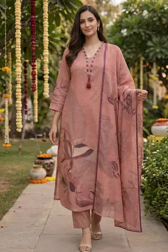 Peach cotton printed readymade suits