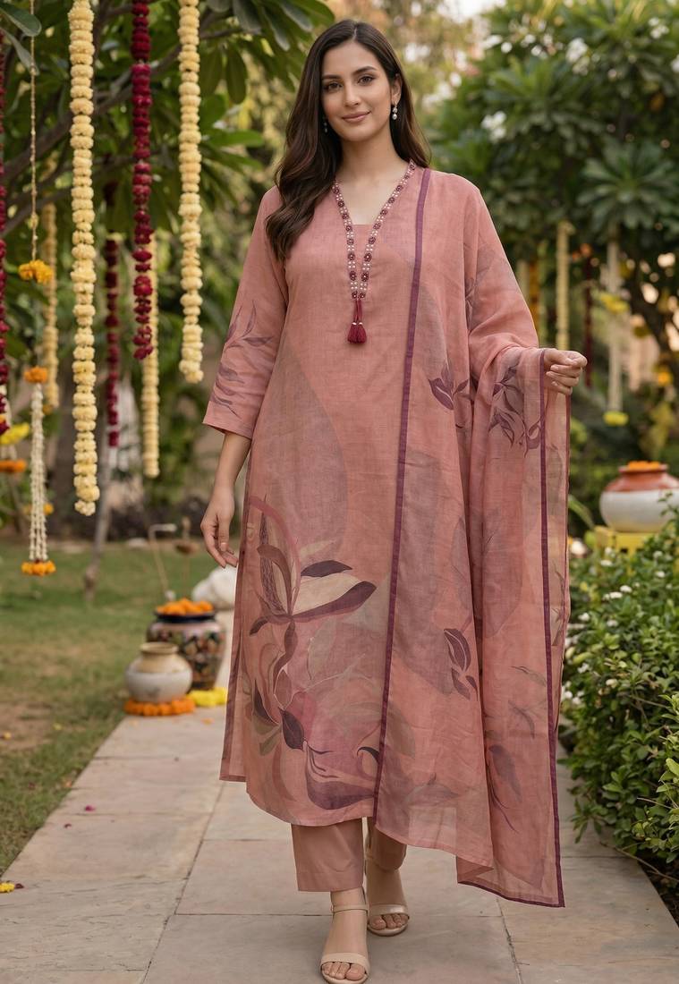 Peach cotton printed readymade suits