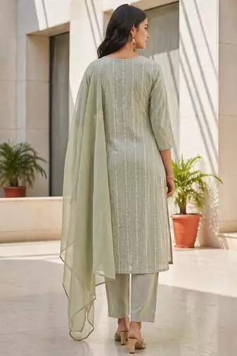Pista green khadi cotton block print readymade suits