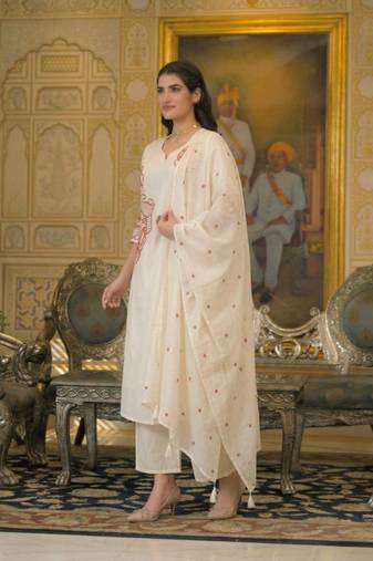 Off white cotton embroided readymade suits