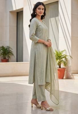 Pista green khadi cotton block print readymade suits 4