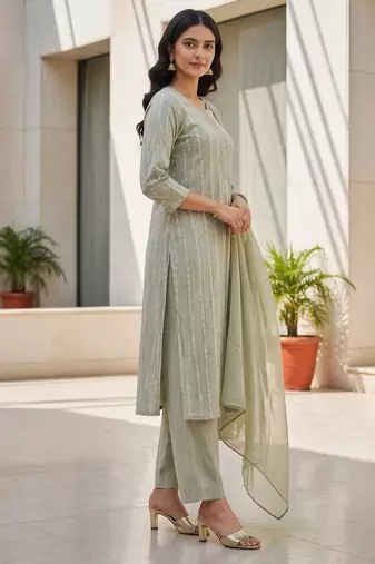 Pista green khadi cotton block print readymade suits