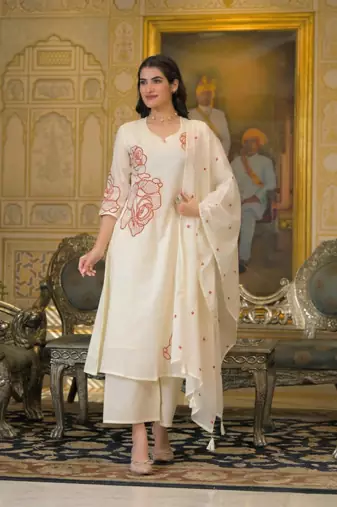 Off white cotton embroided readymade suits