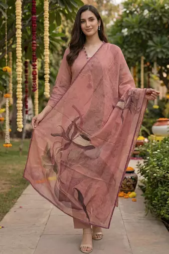 Peach cotton printed readymade suits