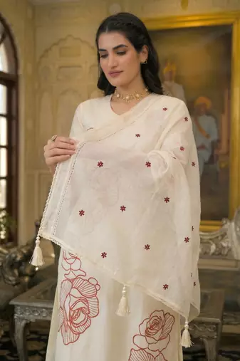 Off white cotton embroided readymade suits