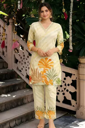 Liight yellow cotton printed co ord set