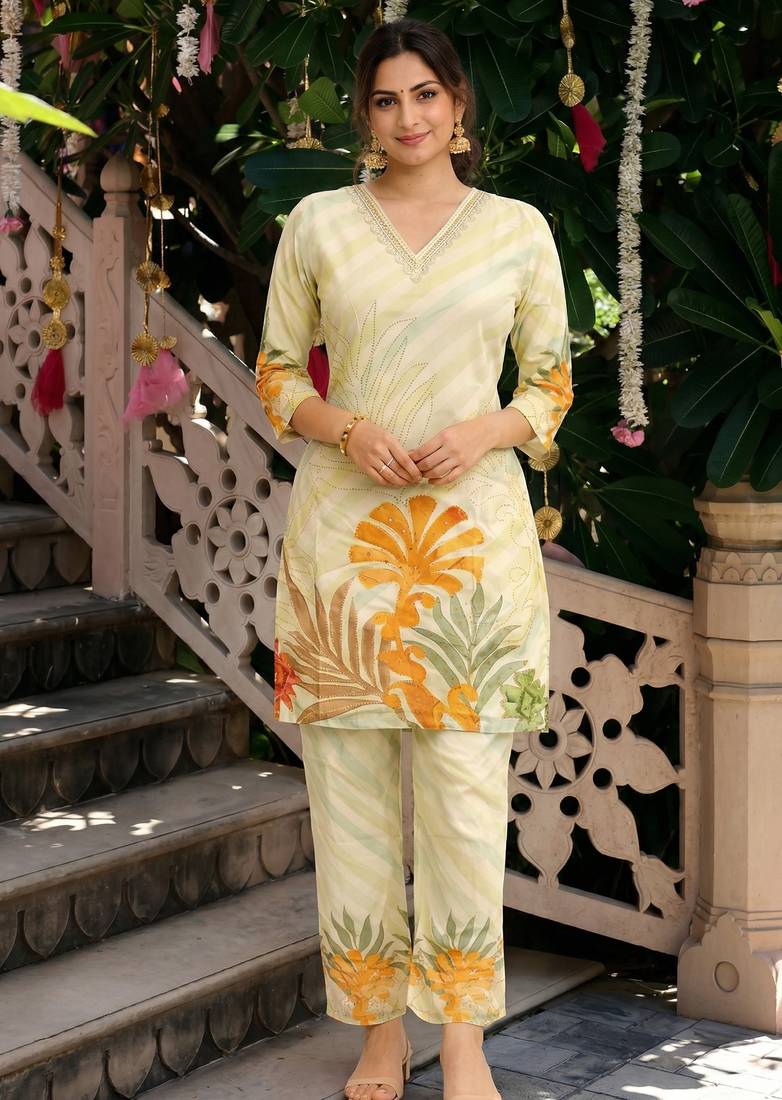 Liight yellow cotton printed co ord set
