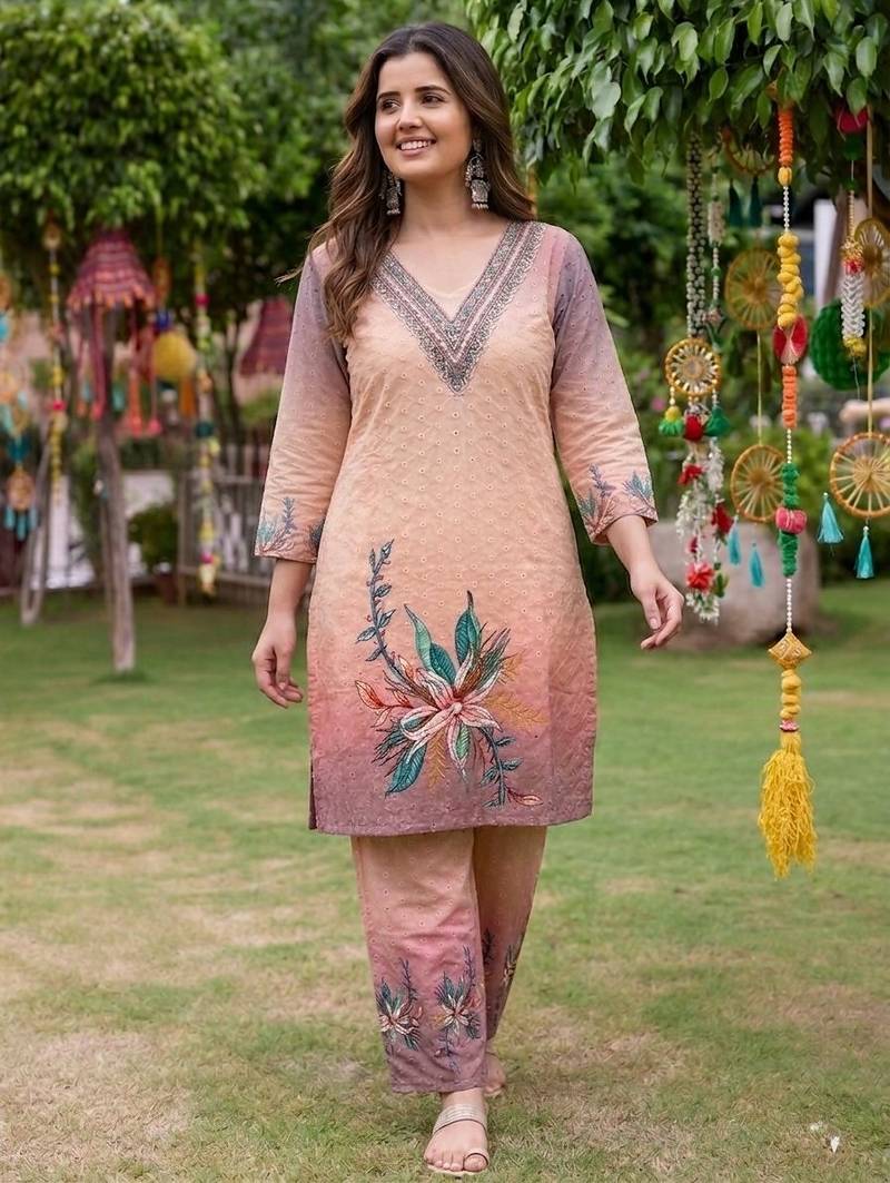 Peach cotton chikankari co ord set