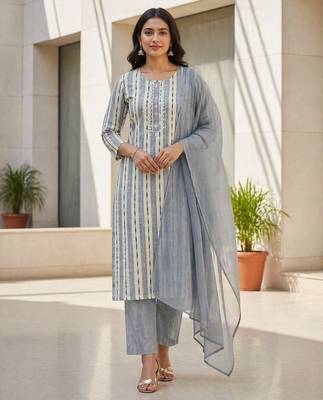 Light grey khadi cotton block print readymade suits 1