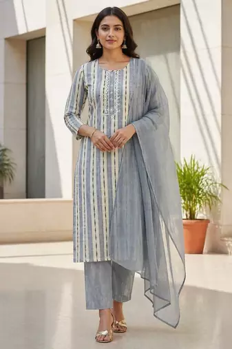 Light grey khadi cotton block print readymade suits