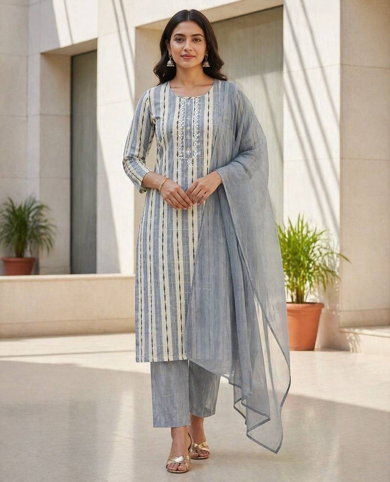 Light grey khadi cotton block print readymade suits
