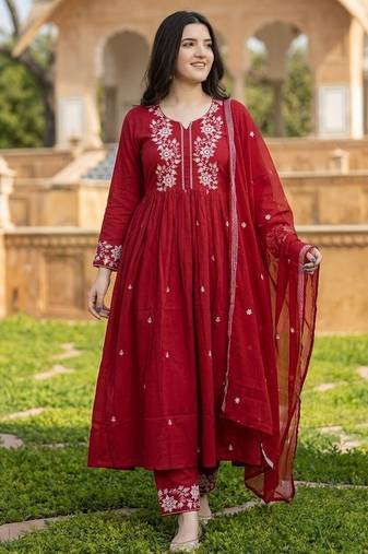 Mahroon cotton embroided readymade suits