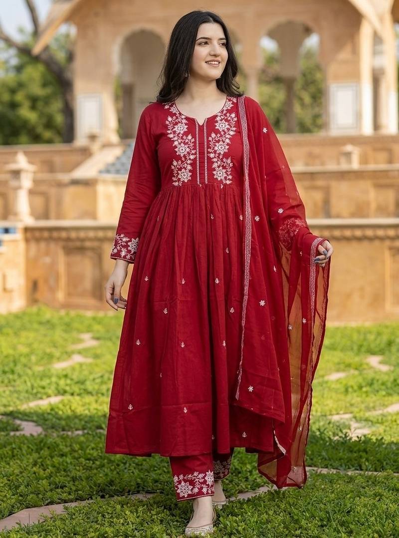 Mahroon cotton embroided readymade suits