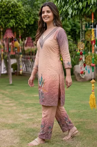 Peach cotton chikankari co ord set