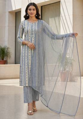 Light grey khadi cotton block print readymade suits 2