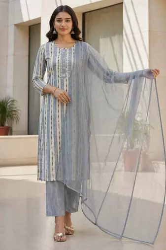 Light grey khadi cotton block print readymade suits