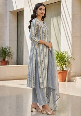 Light grey khadi cotton block print readymade suits 3