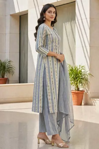 Light grey khadi cotton block print readymade suits