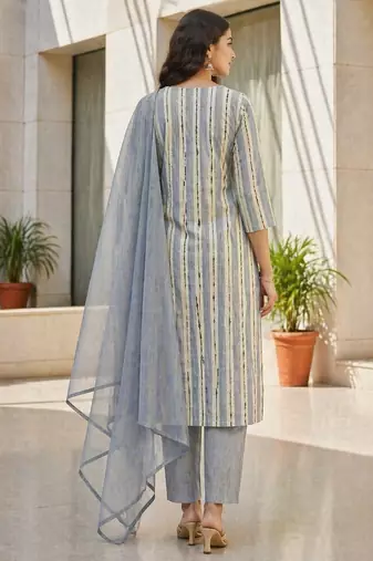 Light grey khadi cotton block print readymade suits