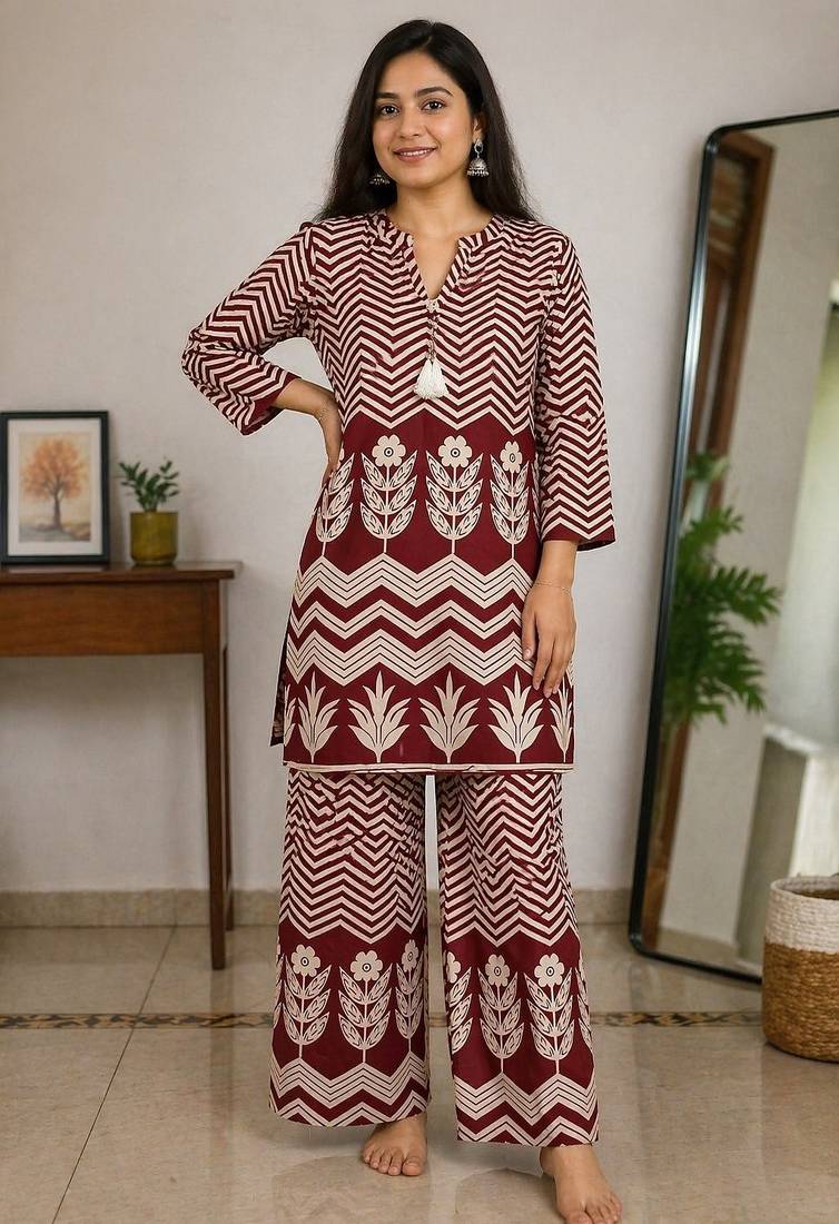 Mahroon malmal cotton printed co ord set