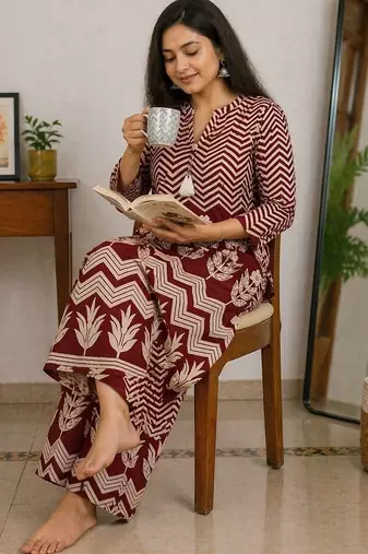 Mahroon malmal cotton printed co ord set