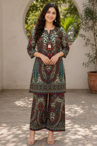 Multicolour rayon cotton paisley printed co ord set