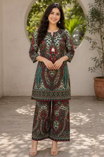 Multicolour rayon cotton paisley printed co ord set