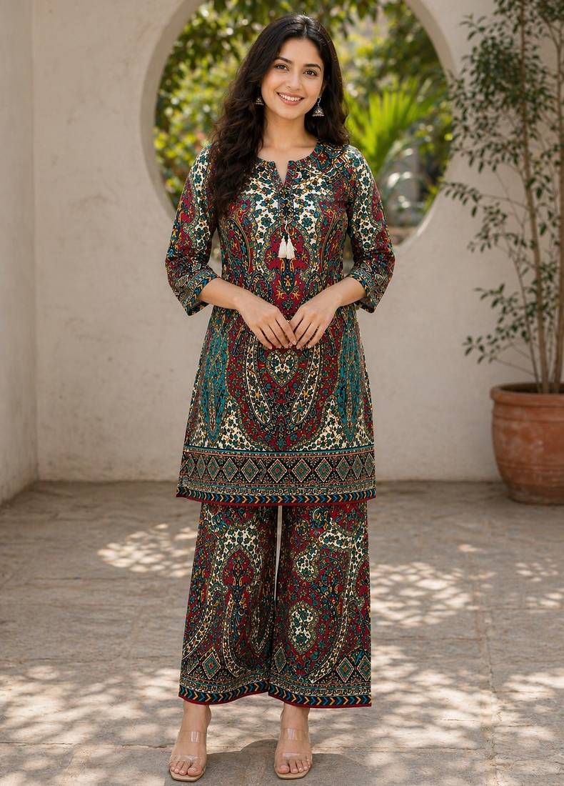 Multicolour rayon cotton paisley printed co ord set