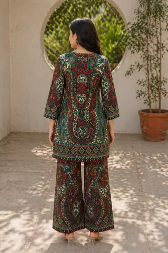 Multicolour rayon cotton paisley printed co ord set