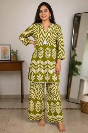 Olive green malmal cotton printed co ord set