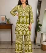 Olive green malmal cotton printed co ord set