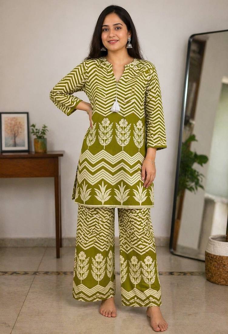 Olive green malmal cotton printed co ord set
