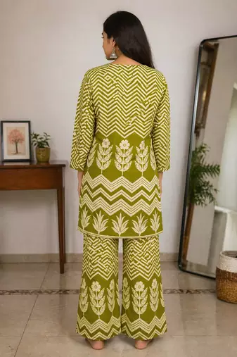 Olive green malmal cotton printed co ord set