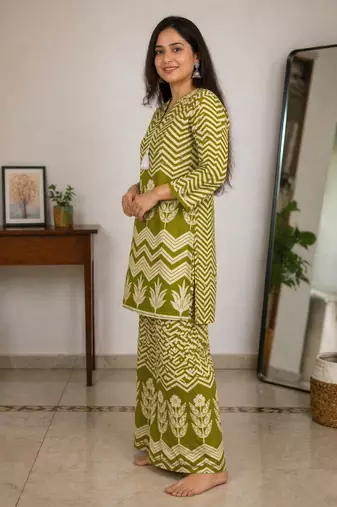 Olive green malmal cotton printed co ord set