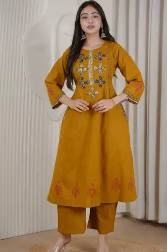 Mustard dhabu cotton a-line kurta set with applique handwork