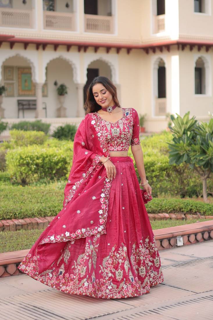 Pink Gold Crush with Sequins Zari and Codding Embroidered Work lehenga choli 