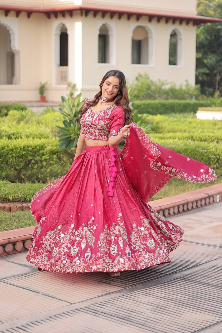 Pink Gold Crush with Sequins Zari and Codding Embroidered Work lehenga choli 